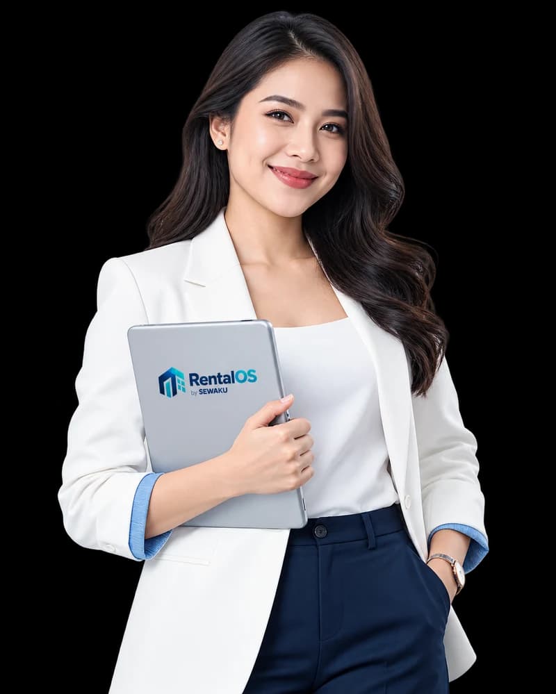 Manajer properti membawa laptop RentalOS